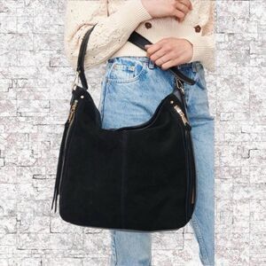 Moda Luxe Vegan Leather & Suede Large Slouchy Hobo Bag Black With Gold Hardware